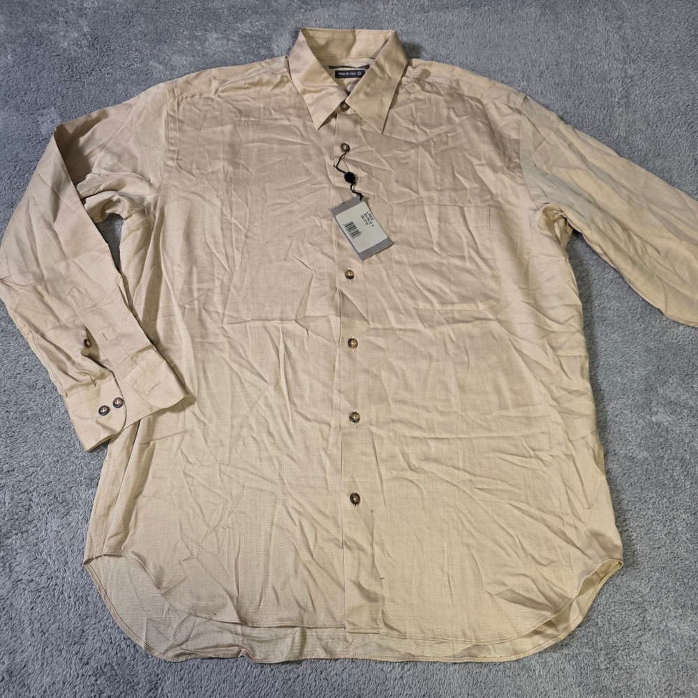 Hart Schaffner Marx Mens Large Button Down Shirt Tan Italian Cotton Textured L